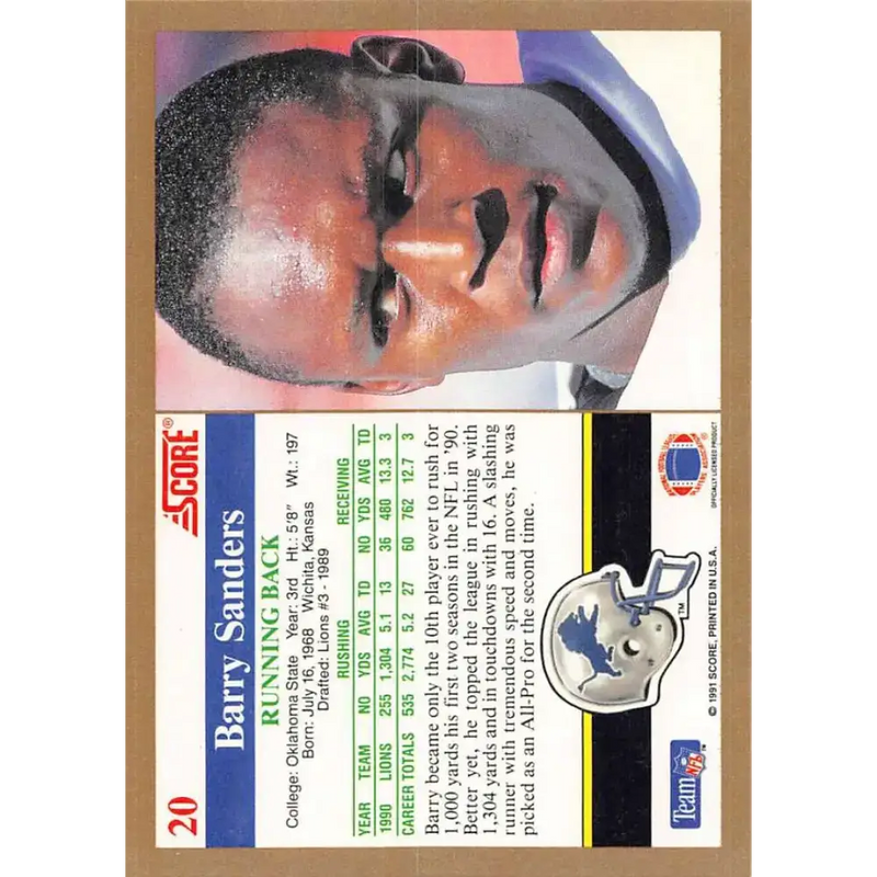 1991 Score #20 Barry Sanders EX Excellent Detroit Lions Football Card - Football Card Single