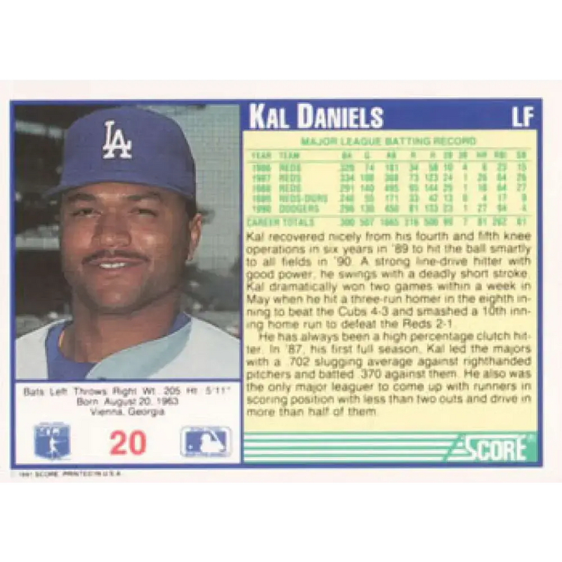 1991 Score #20 Kal Daniels NM-MT Los Angeles Dodgers Baseball Card - Baseball Card Single