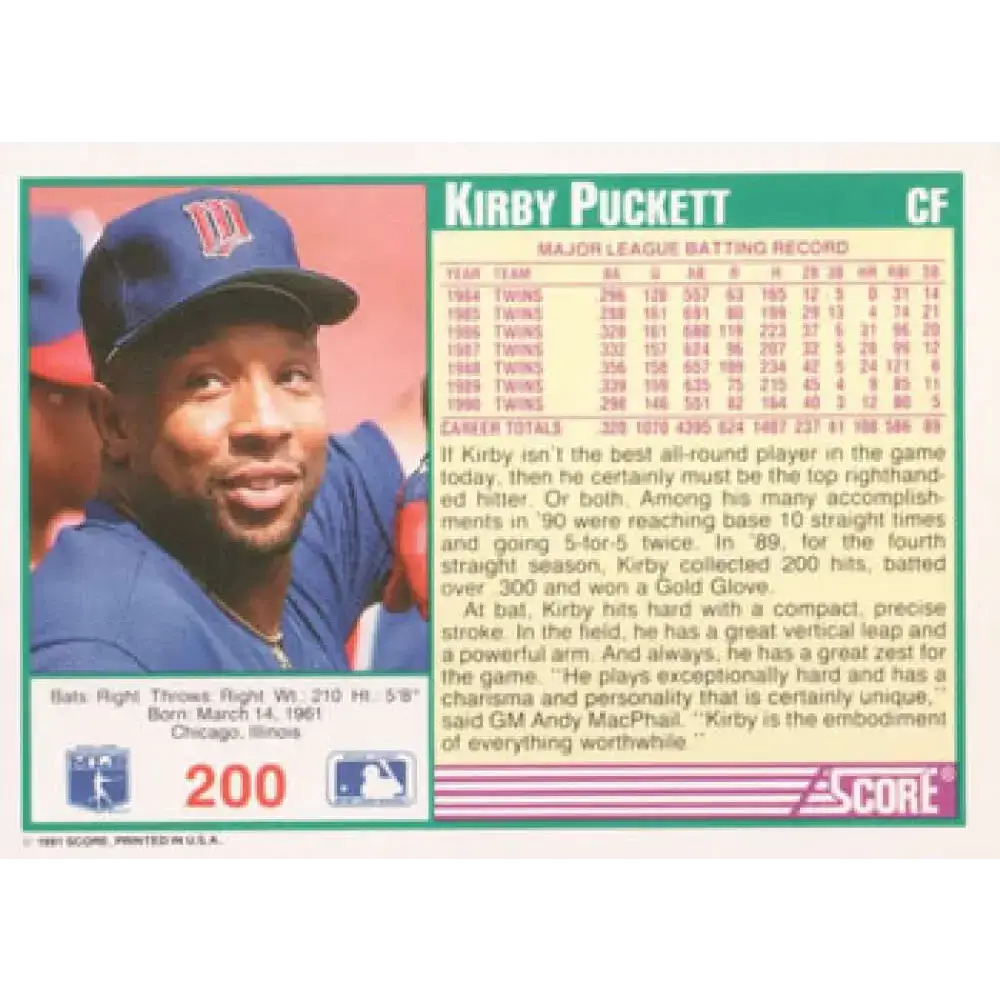 1991 Score #200 Kirby Puckett NM-MT Minnesota Twins Baseball Card - Baseball Card Single