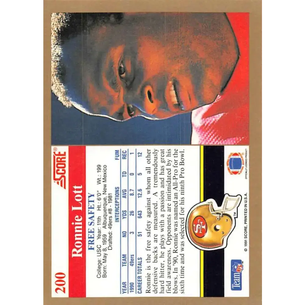 1991 Score #200 Ronnie Lott EX Excellent San Francisco 49ers Football Card - Football Card Single