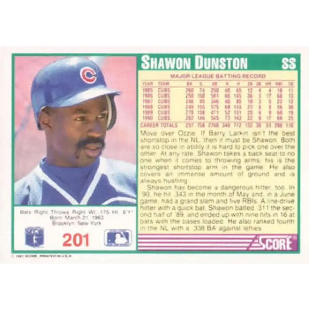 1991 Score #201 Shawon Dunston NM-MT Chicago Cubs Baseball Card - Baseball Card Single