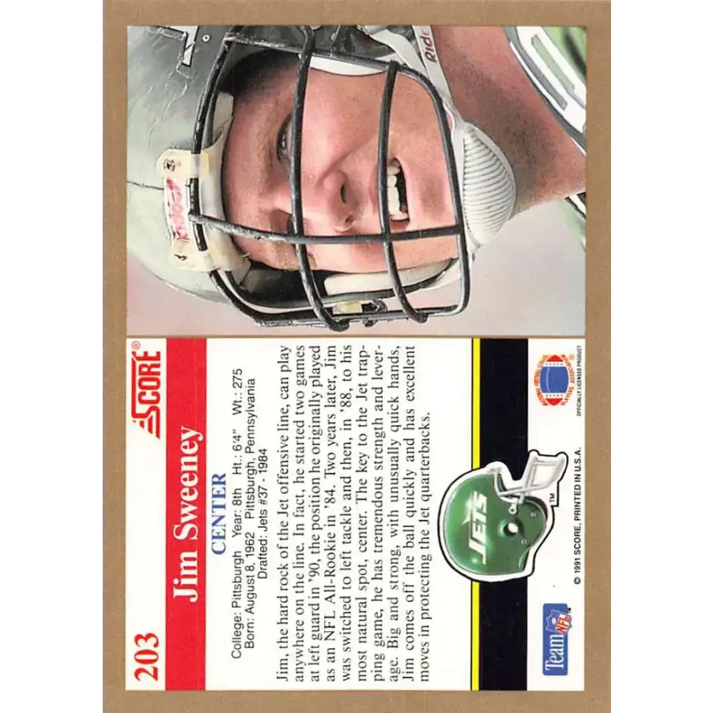 1991 Score #203 Jim Sweeney EX Excellent New York Jets Football Card - Football Card Single