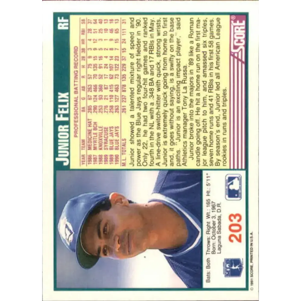 1991 Score #203 Junior Felix UER NM-MT Toronto Blue Jays Baseball Card - Baseball Card Single