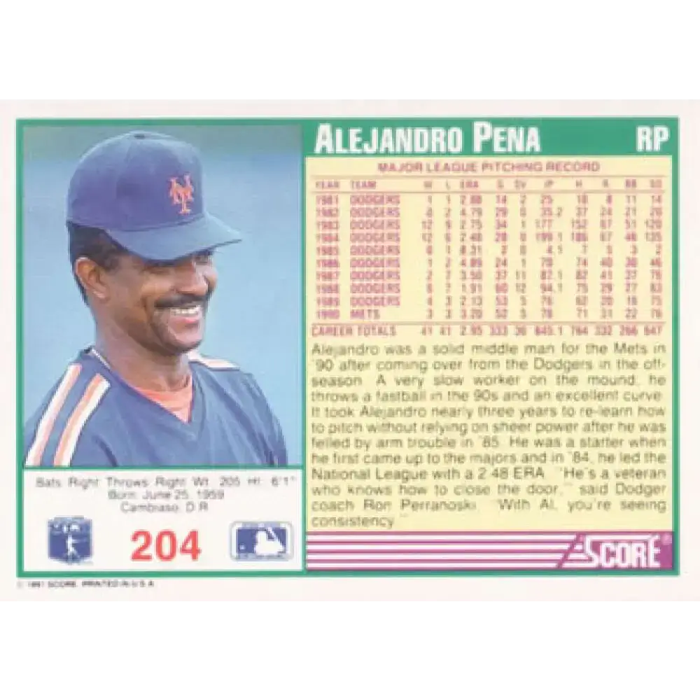 1991 Score #204 Alejandro Pena NM-MT New York Mets Baseball Card - Baseball Card Single