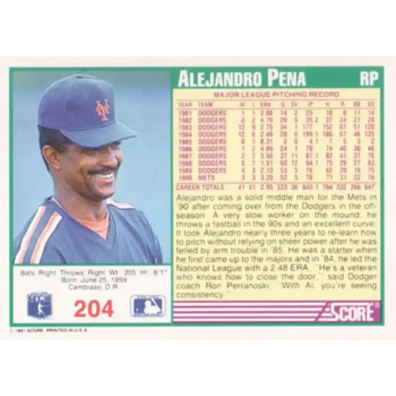 1991 Score #204 Alejandro Pena NM-MT New York Mets Baseball Card - Baseball Card Single