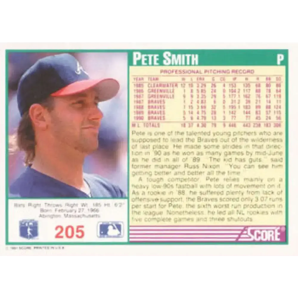 1991 Score #205 Pete Smith NM-MT Atlanta Braves Baseball Card - Baseball Card Single