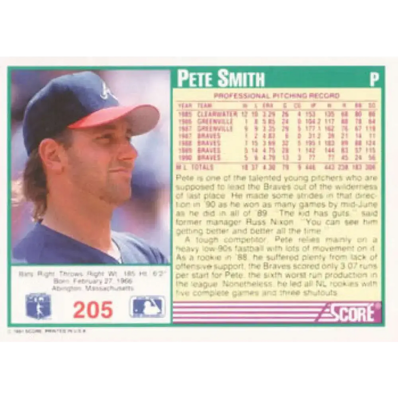 1991 Score #205 Pete Smith NM-MT Atlanta Braves Baseball Card - Baseball Card Single