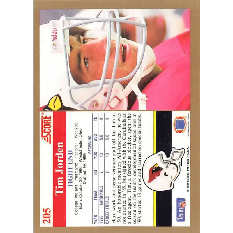 1991 Score #205 Tim Jorden EX Excellent RC Rookie Phoenix Cardinals Football Card - Football Card Single