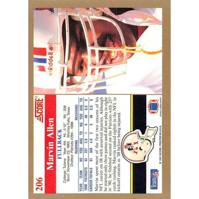 1991 Score #206 Marvin Allen EX Excellent New England Patriots Football Card - Football Card Single