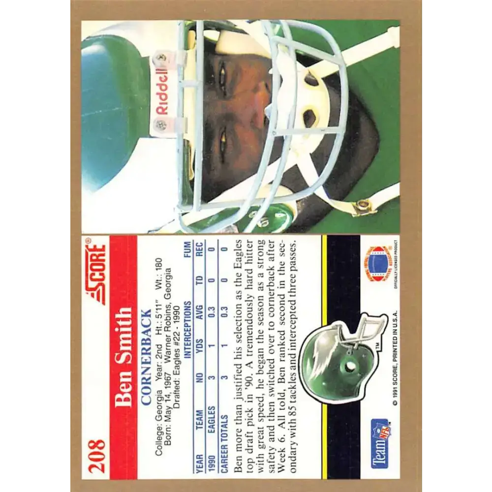 1991 Score #208 Ben Smith EX Excellent Philadelphia Eagles Football Card - Football Card Single