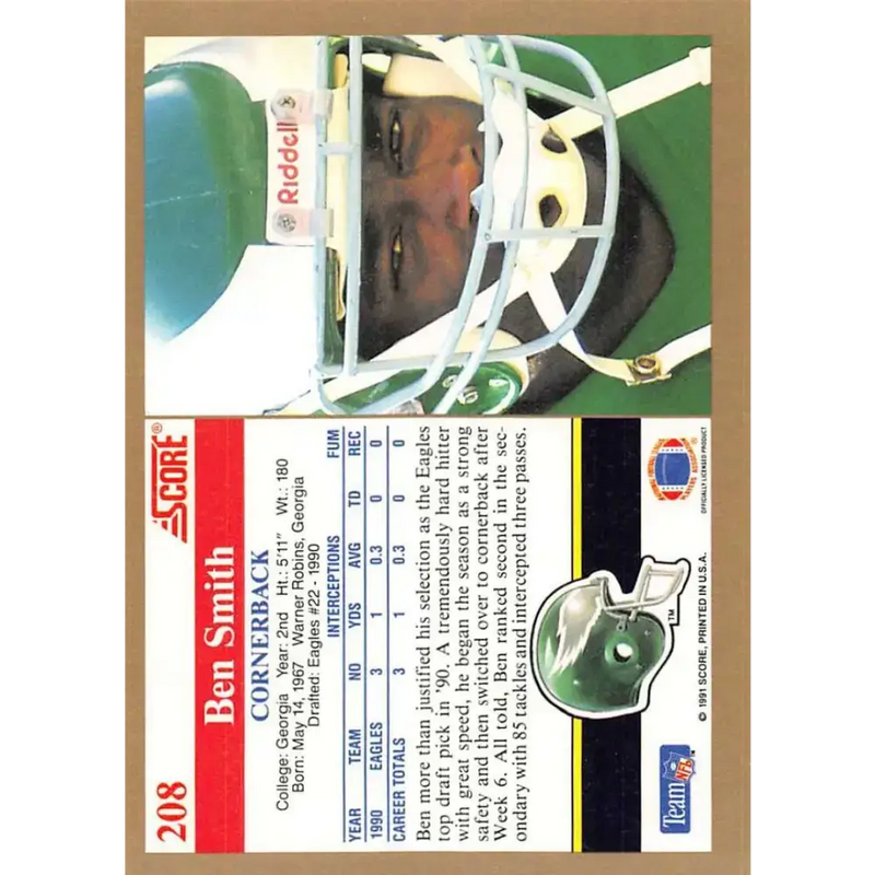 1991 Score #208 Ben Smith EX Excellent Philadelphia Eagles Football Card - Football Card Single