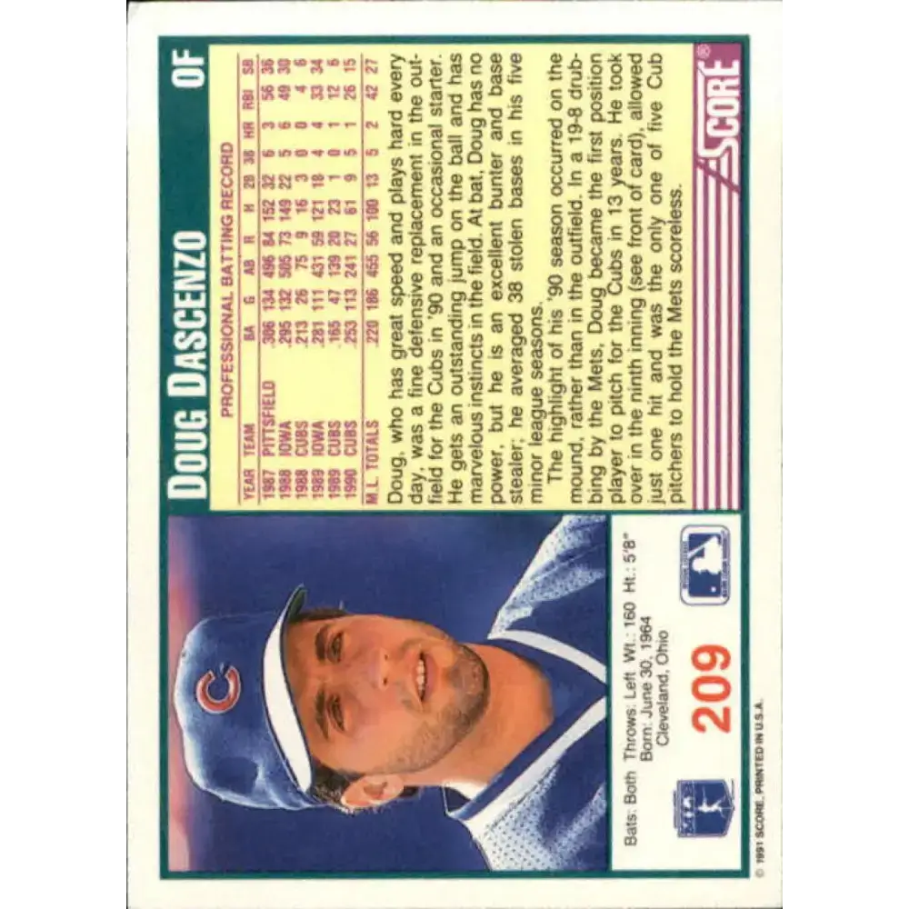 1991 Score #209 Doug Dascenzo NM-MT Chicago Cubs Baseball Card - Baseball Card Single