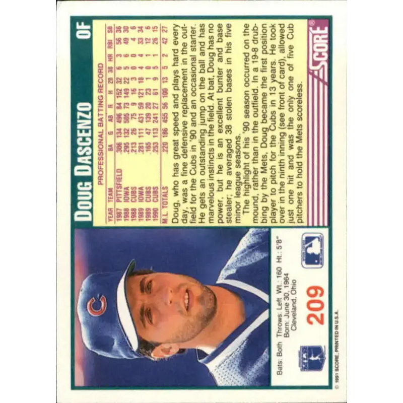 1991 Score #209 Doug Dascenzo NM-MT Chicago Cubs Baseball Card - Baseball Card Single