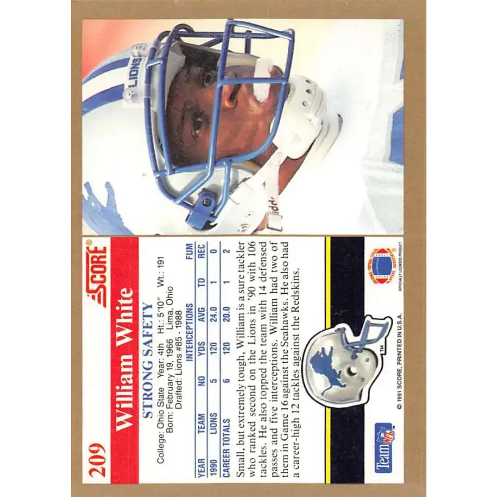 1991 Score #209 William White EX Excellent Detroit Lions Football Card - Football Card Single