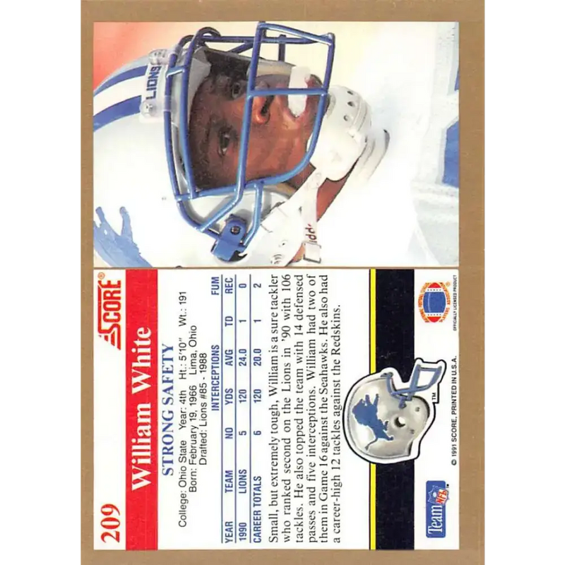 1991 Score #209 William White EX Excellent Detroit Lions Football Card - Football Card Single