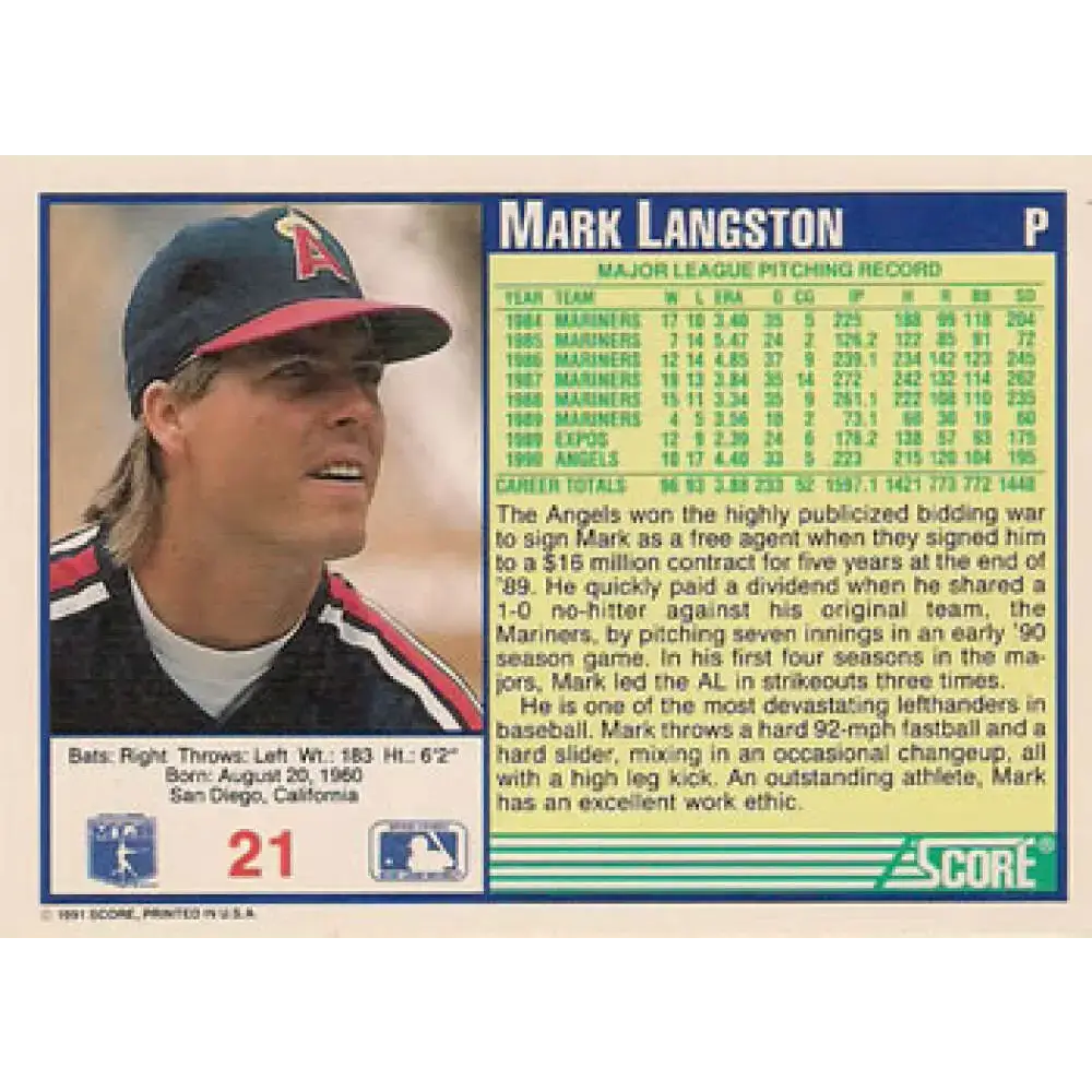 1991 Score #21 Mark Langston NM-MT California Angels Baseball Card - Baseball Card Single