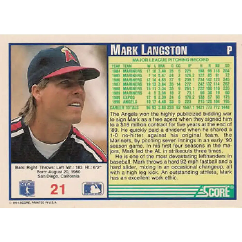 1991 Score #21 Mark Langston NM-MT California Angels Baseball Card - Baseball Card Single