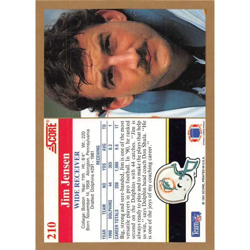 1991 Score #210 Jim Jensen EX Excellent Miami Dolphins Football Card - Football Card Single