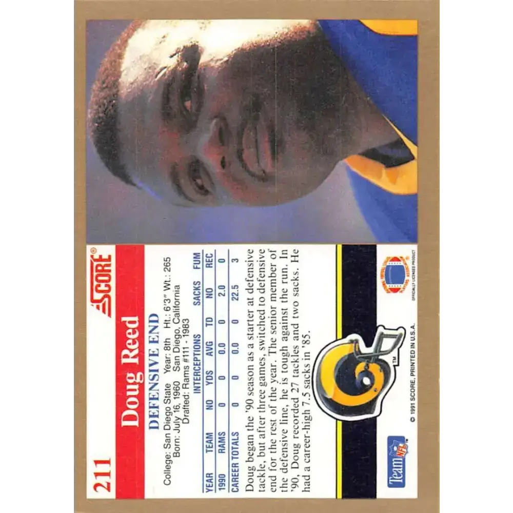 1991 Score #211 Doug Reed EX Excellent RC Rookie Los Angeles Rams Football Card - Football Card Single