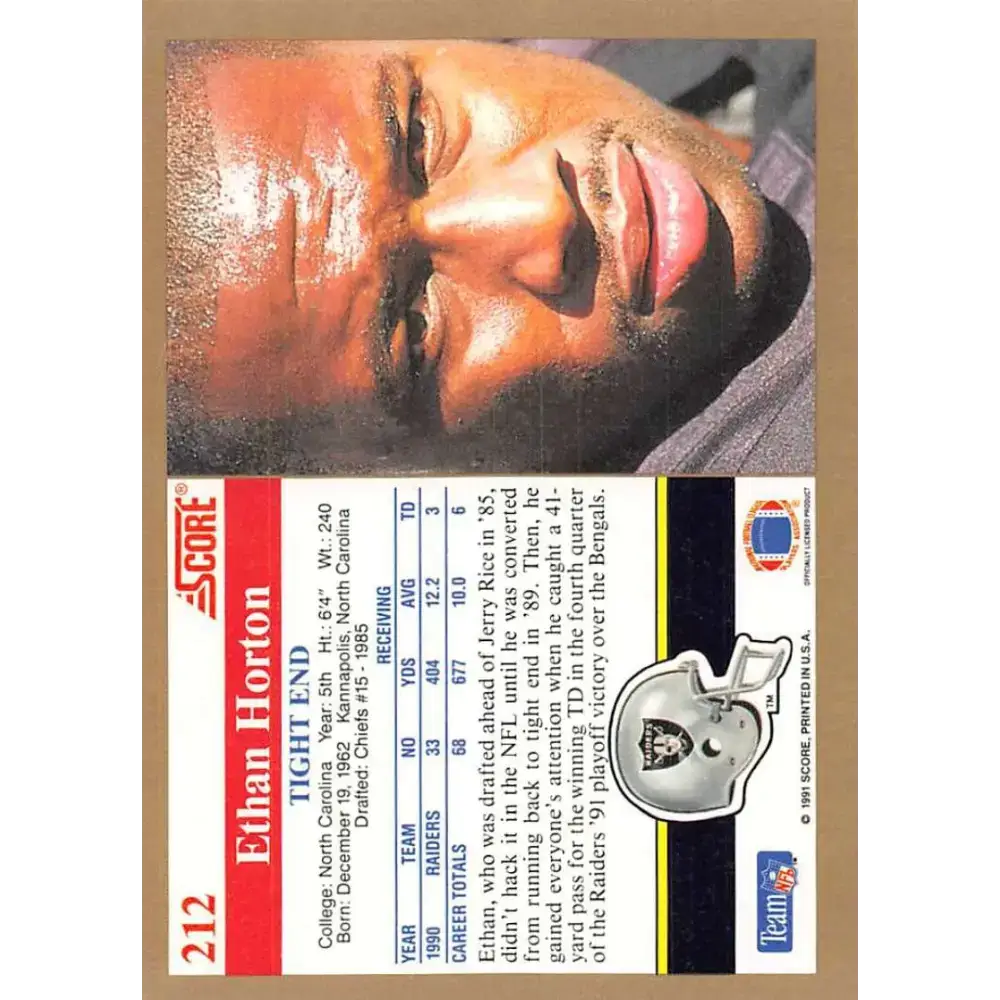 1991 Score #212 Ethan Horton EX Excellent Los Angeles Raiders Football Card - Football Card Single