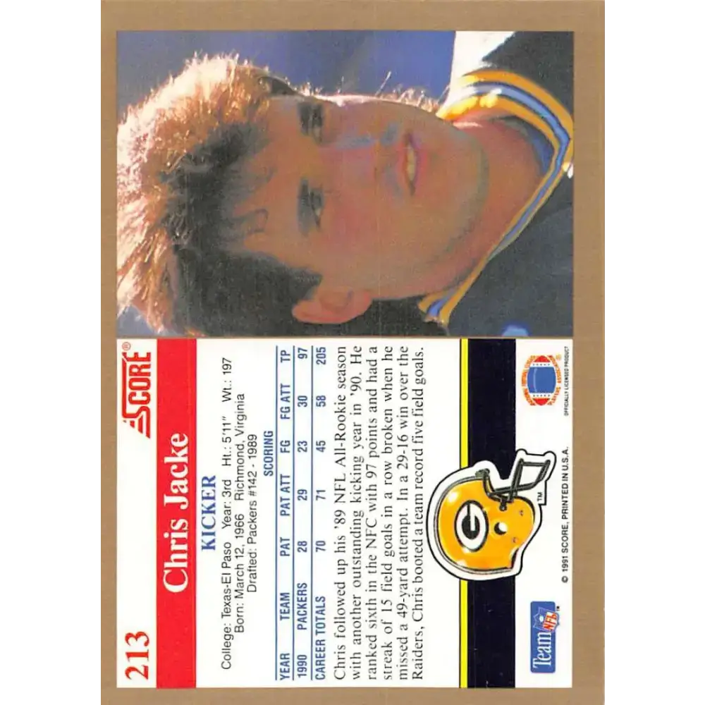 1991 Score #213 Chris Jacke EX Excellent Green Bay Packers Football Card - Football Card Single