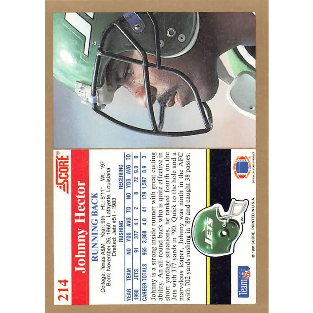 1991 Score #214 Johnny Hector EX Excellent New York Jets Football Card - Football Card Single
