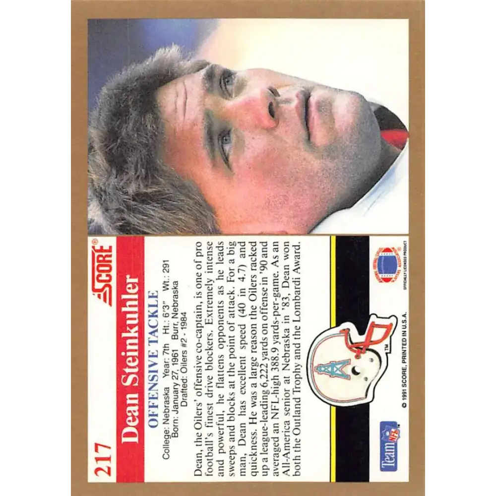 1991 Score #217 Dean Steinkuhler EX Excellent Houston Oilers Football Card - Football Card Single