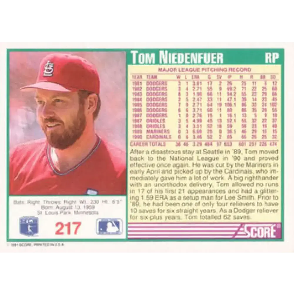 1991 Score #217 Tom Niedenfuer NM-MT St. Louis Cardinals Baseball Card - Baseball Card Single