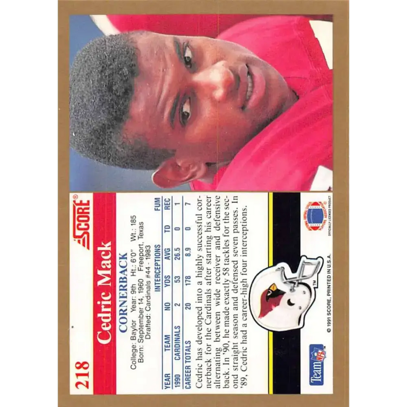 1991 Score #218 Cedric Mack EX Excellent Phoenix Cardinals Football Card - Football Card Single