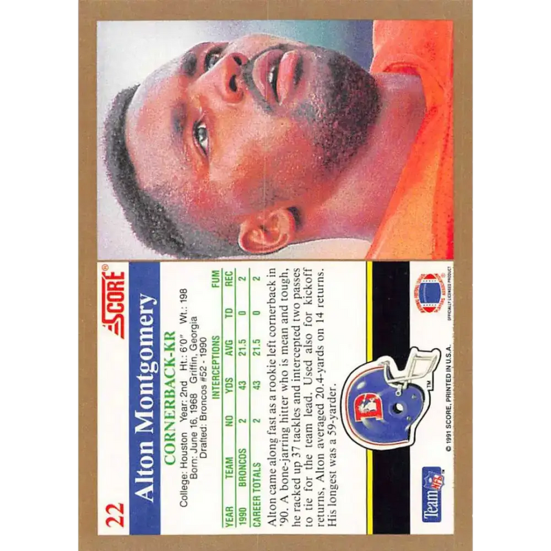 1991 Score #22 Alton Montgomery EX Excellent Denver Broncos Football Card - Football Card Single