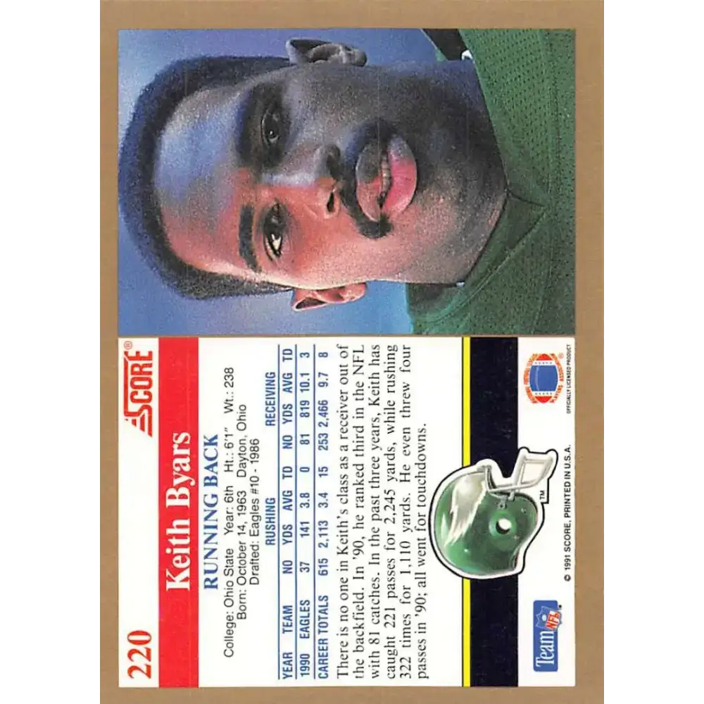 1991 Score #220 Keith Byars EX Excellent Philadelphia Eagles Football Card - Football Card Single