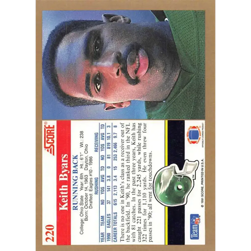 1991 Score #220 Keith Byars EX Excellent Philadelphia Eagles Football Card - Football Card Single