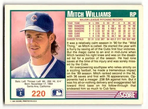 1991 Score #220 Mitch Williams Chicago Cubs Baseball Cards EX/NM ID:57500 - Baseball Card Single