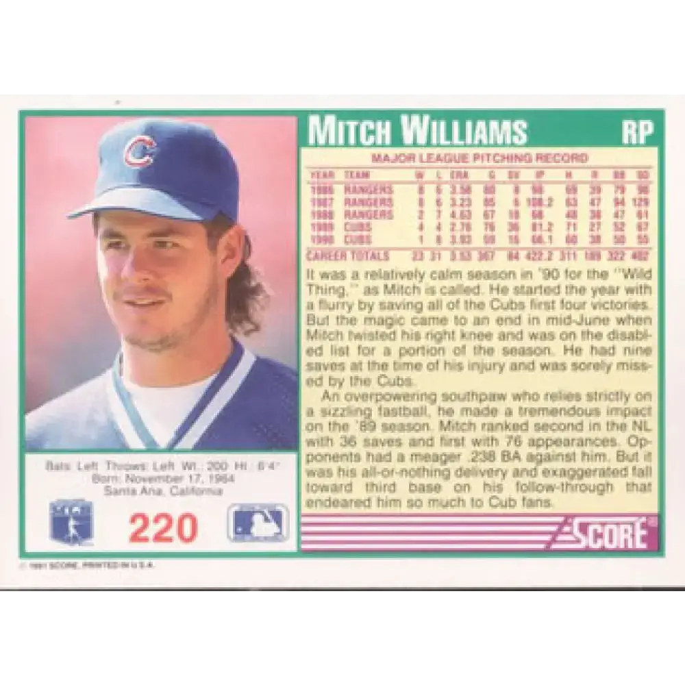 1991 Score #220 Mitch Williams UER NM-MT Chicago Cubs Baseball Card - Baseball Card Single