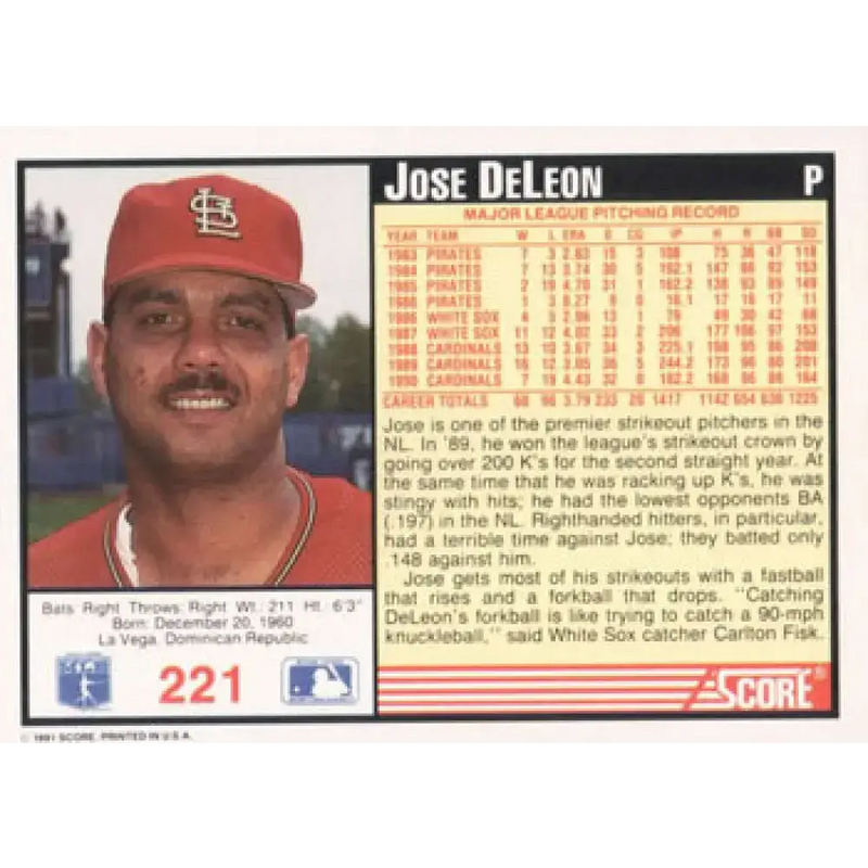 1991 Score #221 Jose DeLeon NM-MT St. Louis Cardinals Baseball Card - Baseball Card Single