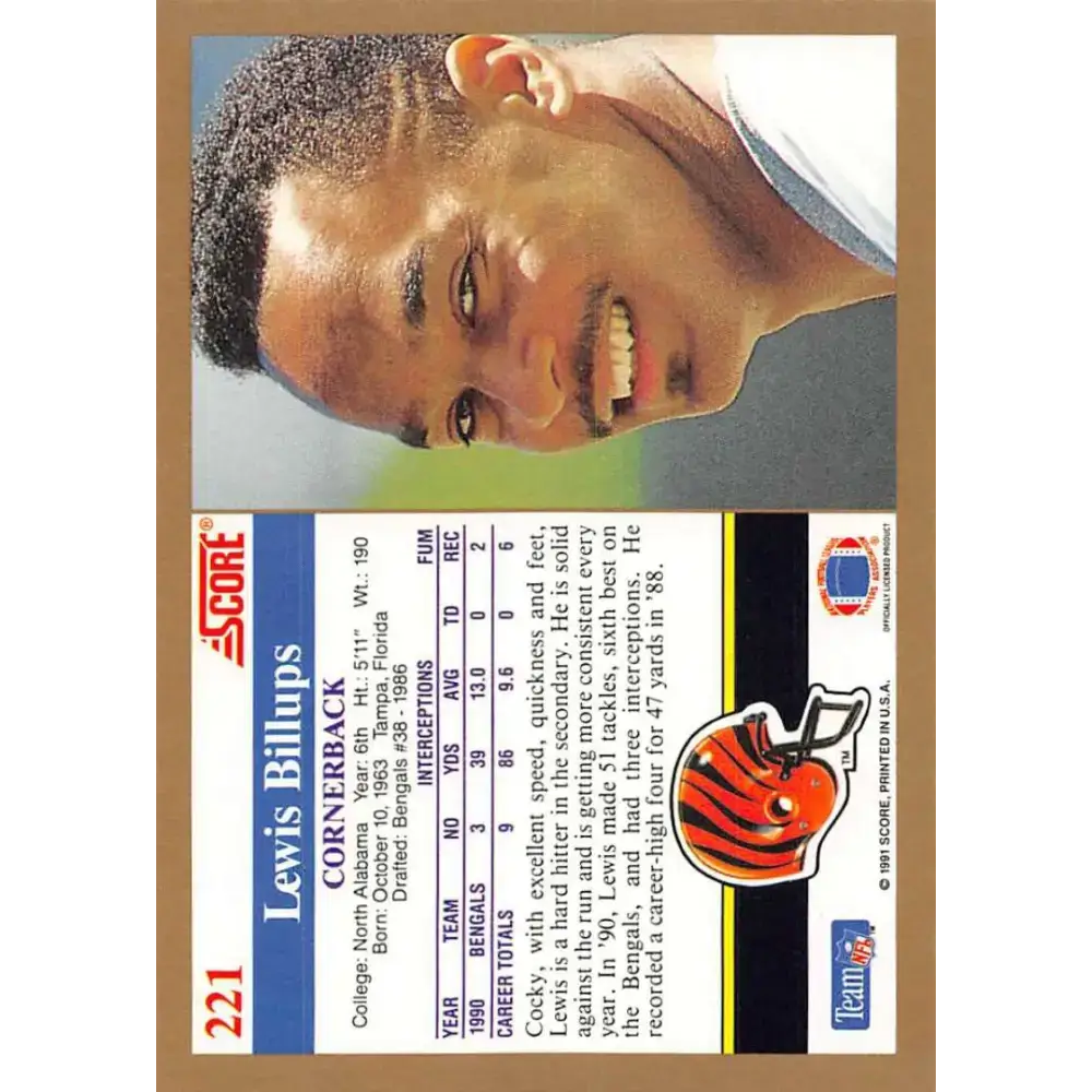 1991 Score #221 Lewis Billups EX Excellent Cincinnati Bengals Football Card - Football Card Single