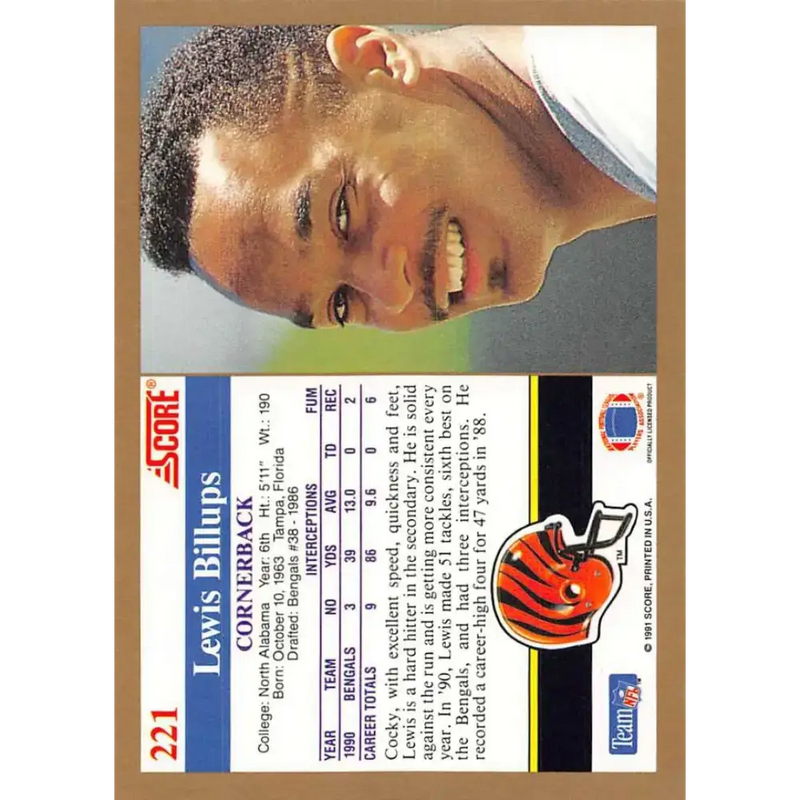 1991 Score #221 Lewis Billups EX Excellent Cincinnati Bengals Football Card - Football Card Single
