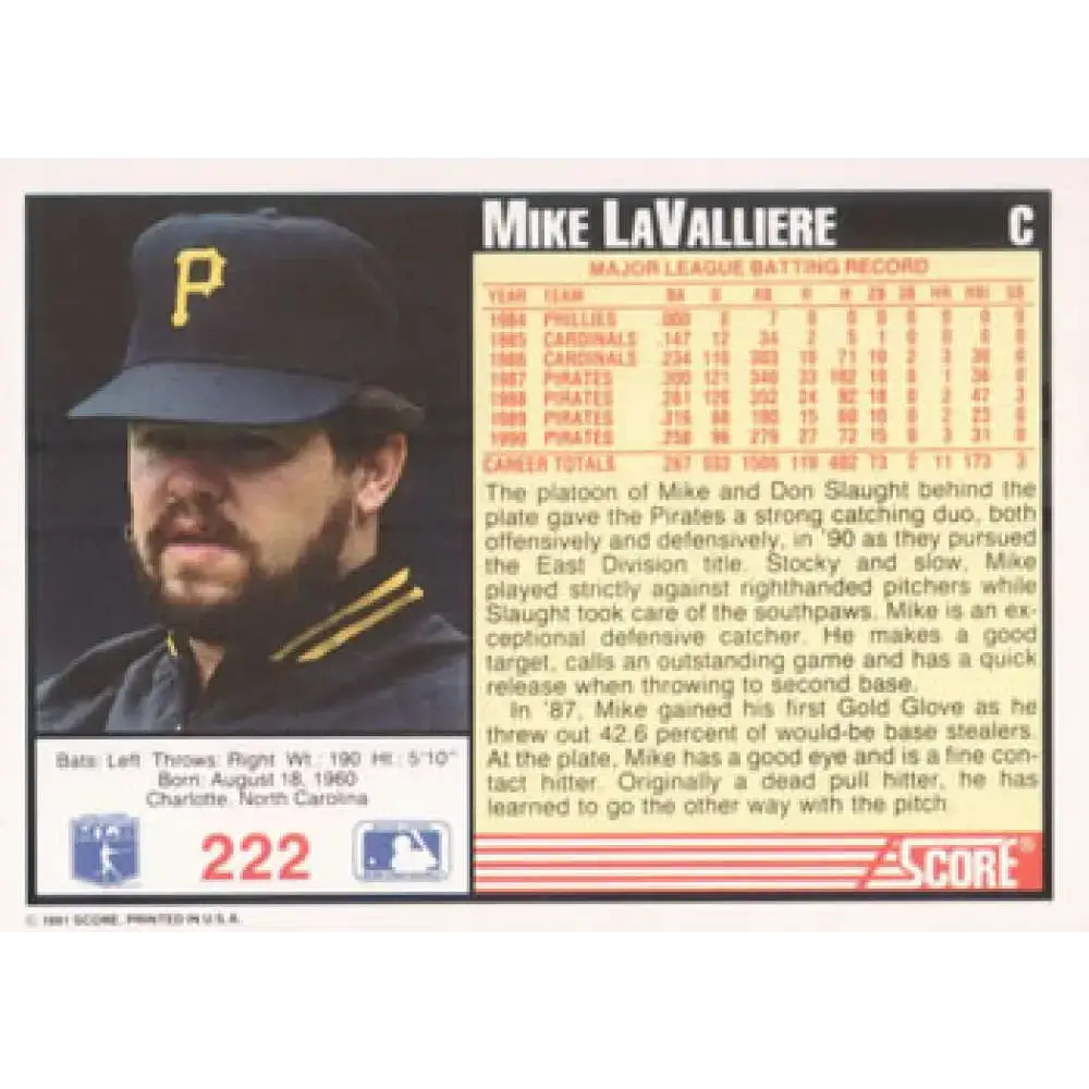 1991 Score #222 Mike LaValliere NM-MT Pittsburgh Pirates Baseball Card - Baseball Card Single