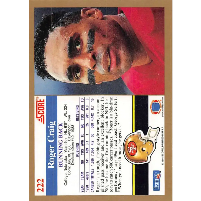 1991 Score #222 Roger Craig EX Excellent San Francisco 49ers Football Card - Football Card Single