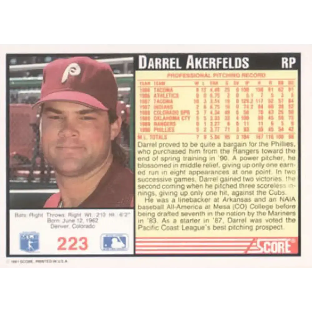 1991 Score #223 Darrel Akerfelds NM-MT Philadelphia Phillies Baseball Card - Baseball Card Single