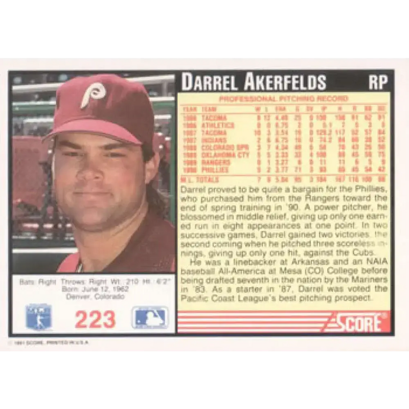 1991 Score #223 Darrel Akerfelds NM-MT Philadelphia Phillies Baseball Card - Baseball Card Single