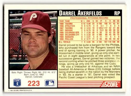 Original gloss Darrel Akerfelds Philadelphia Phillies baseball card 1991 Score #223