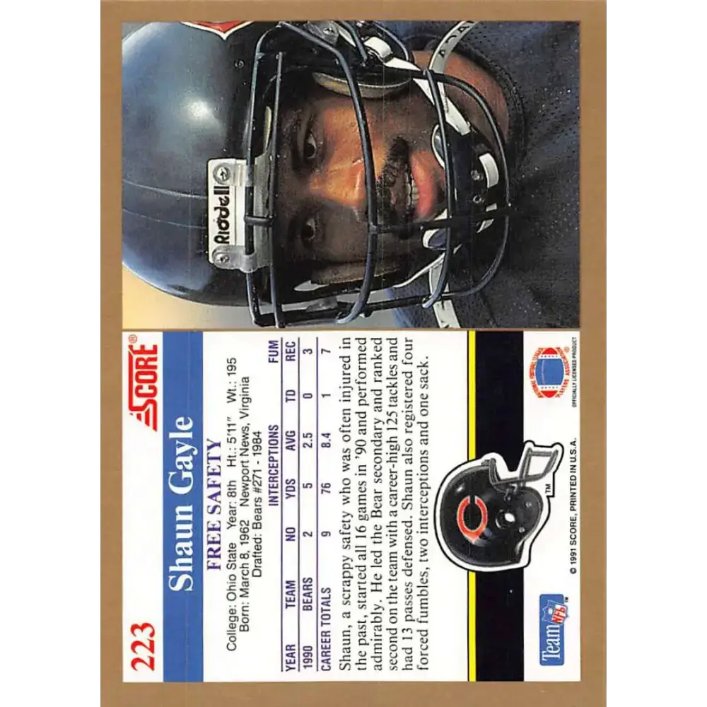 1991 Score #223 Shaun Gayle EX Excellent Chicago Bears Football Card - Football Card Single