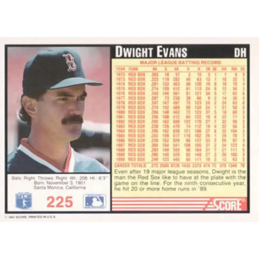 1991 Score #225 Dwight Evans NM-MT Boston Red Sox Baseball Card - Baseball Card Single