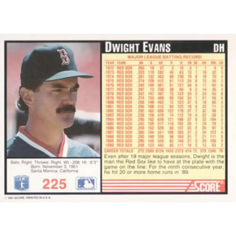 1991 Score #225 Dwight Evans NM-MT Boston Red Sox Baseball Card - Baseball Card Single