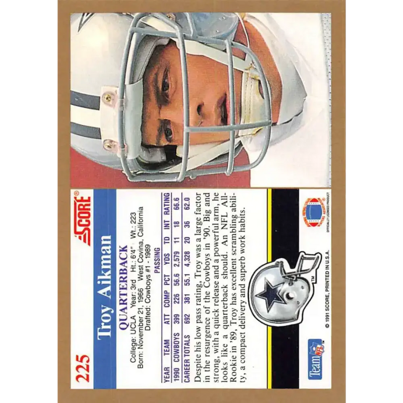 1991 Score #225 Troy Aikman EX Excellent Dallas Cowboys Football Card - Football Card Single