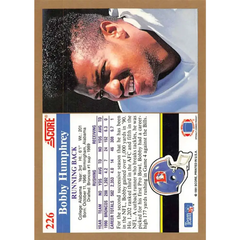 1991 Score #226 Bobby Humphrey EX Excellent Denver Broncos Football Card - Football Card Single