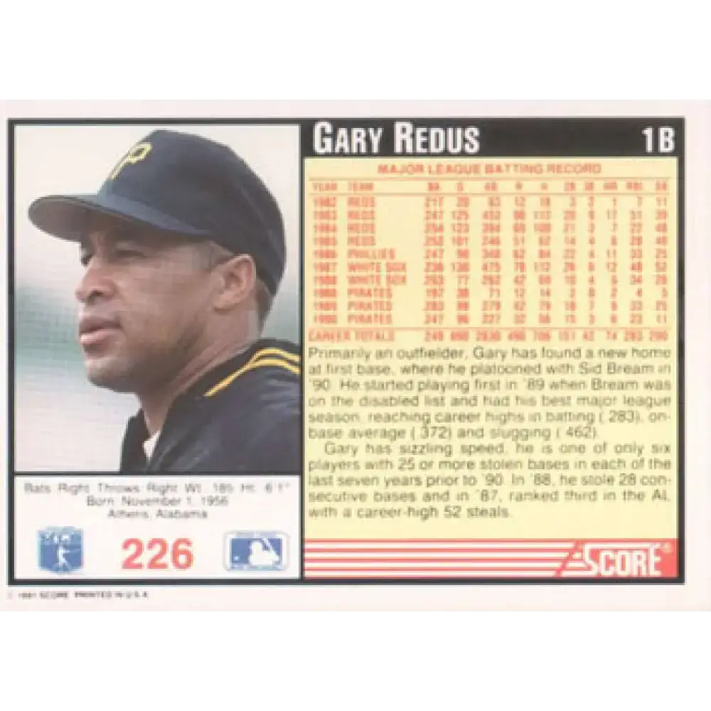 1991 Score #226 Gary Redus NM-MT Pittsburgh Pirates Baseball Card - Baseball Card Single