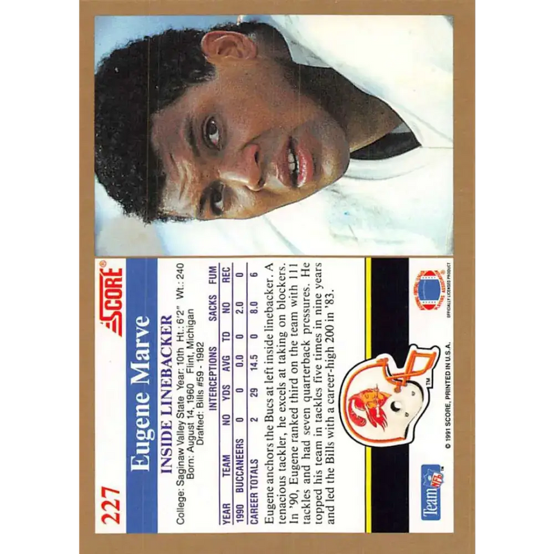 1991 Score #227 Eugene Marve EX Excellent Tampa Bay Buccaneers Football Card - Football Card Single