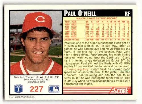 Original gloss 1991 Score Paul O’Neill Cincinnati Reds baseball card in EX/NM condition